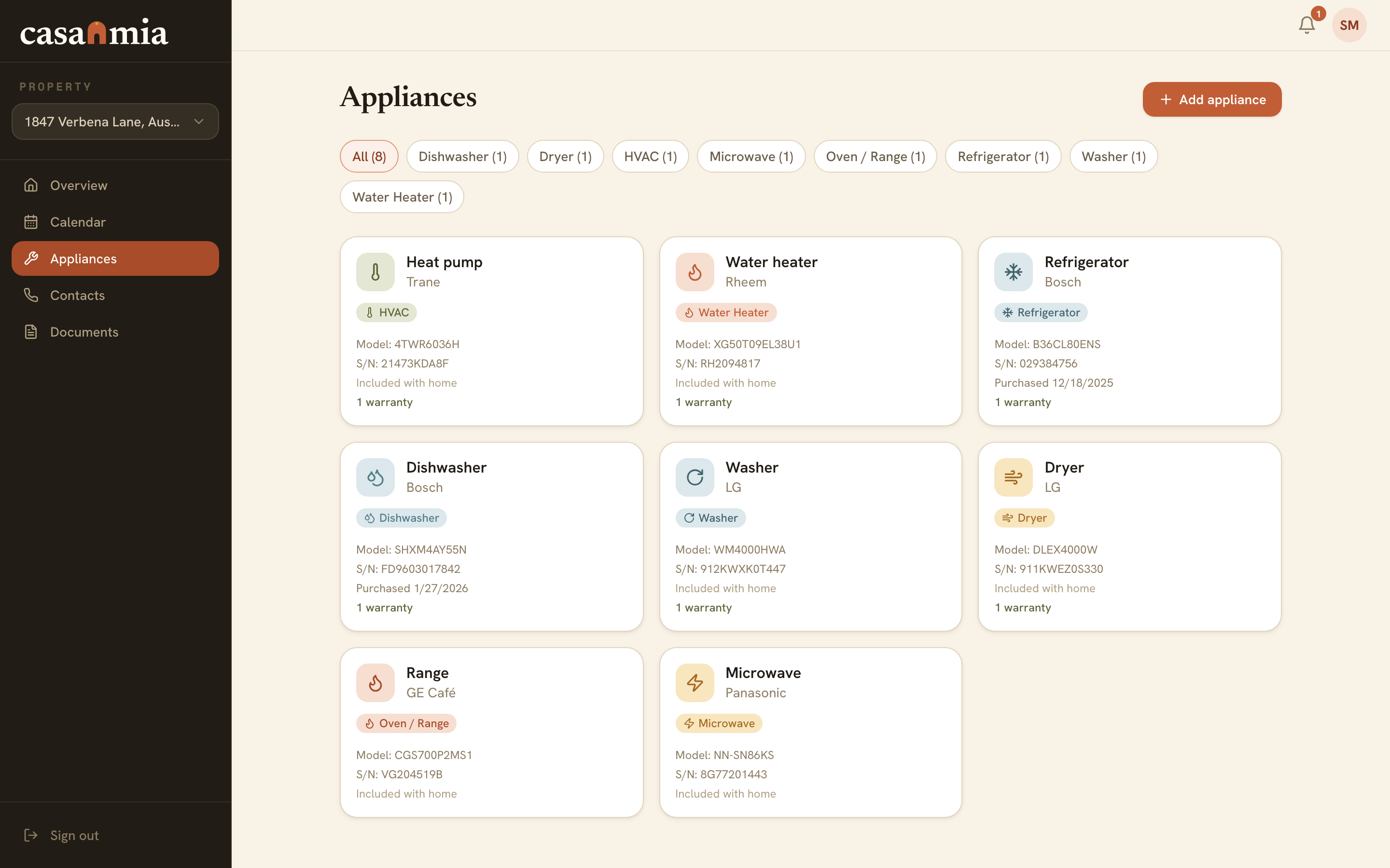 Casamia appliance tracker listing appliances with warranty status and service history