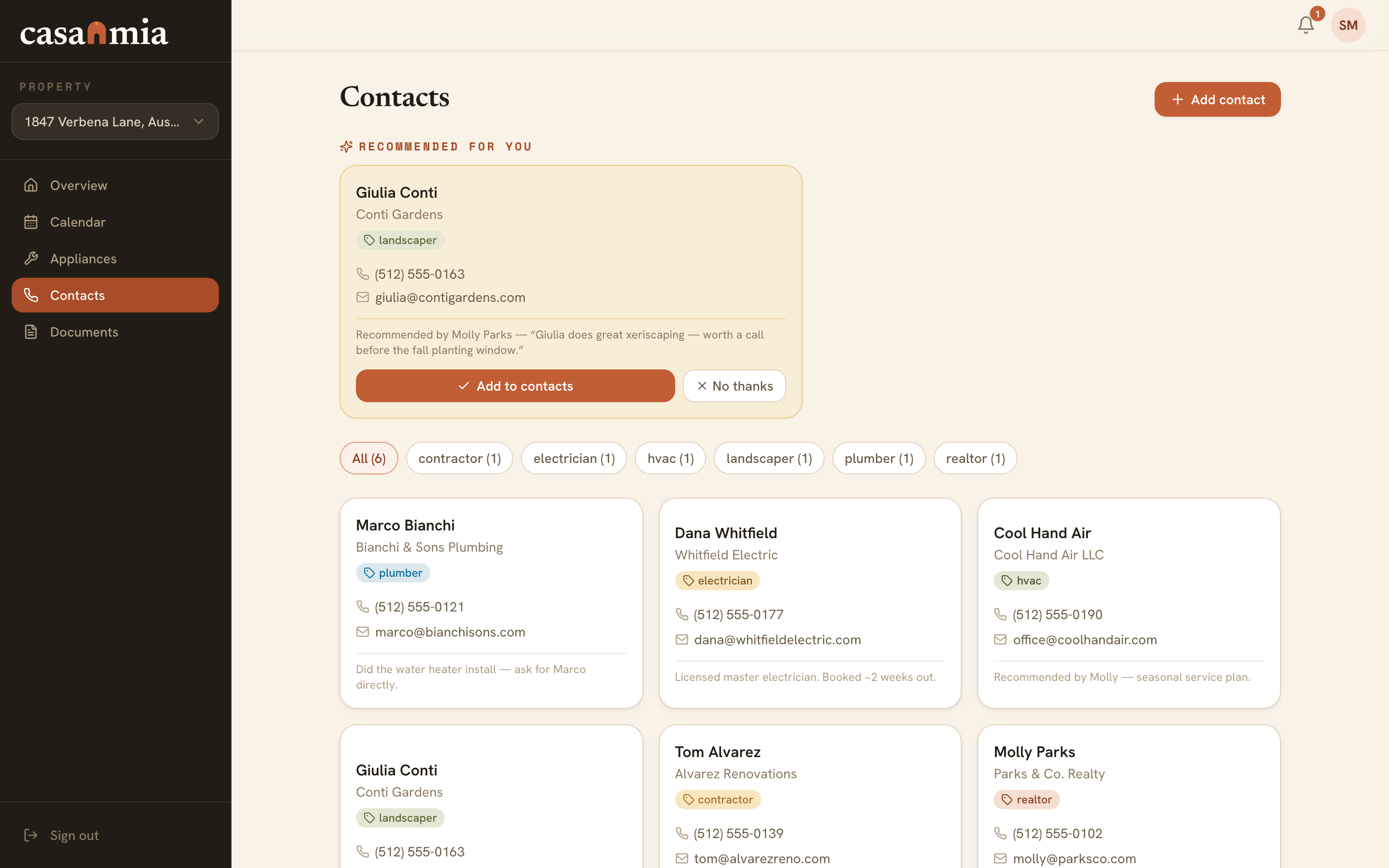 Casamia trusted contacts list with plumber, electrician and other home pros