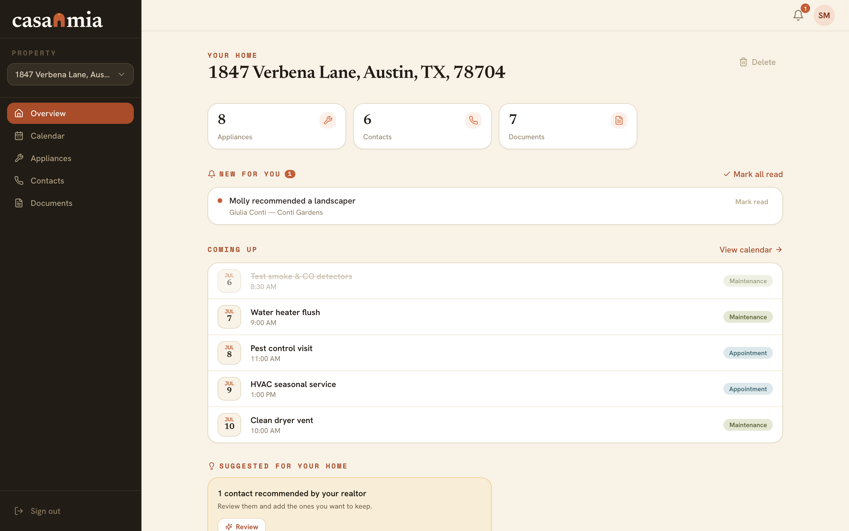 Casamia dashboard showing a home's upcoming maintenance, appliances and reminders at a glance