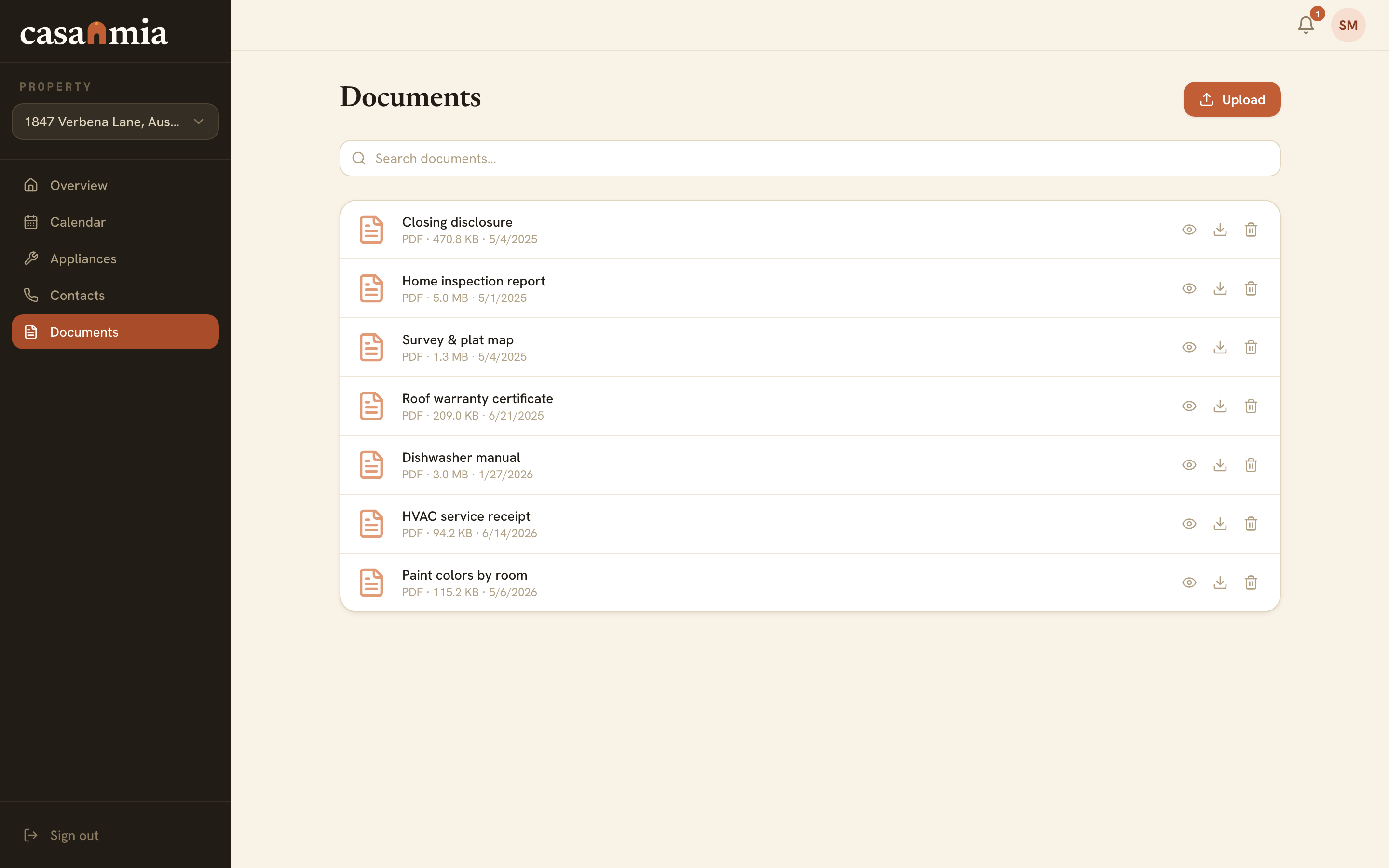 Casamia document vault storing closing papers, manuals, receipts and warranties