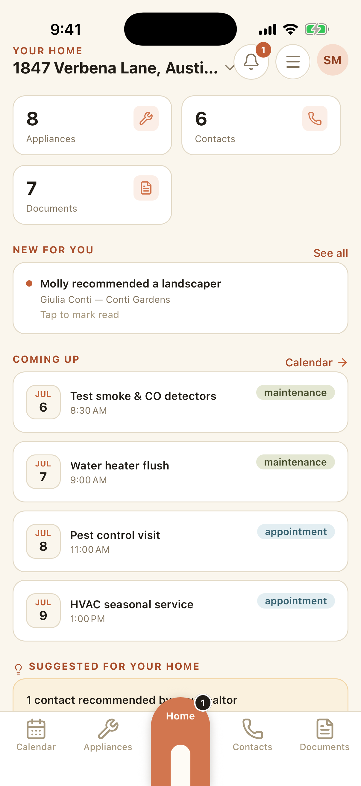 Casamia app home screen with appliance, contact and document counts, new notifications and upcoming maintenance